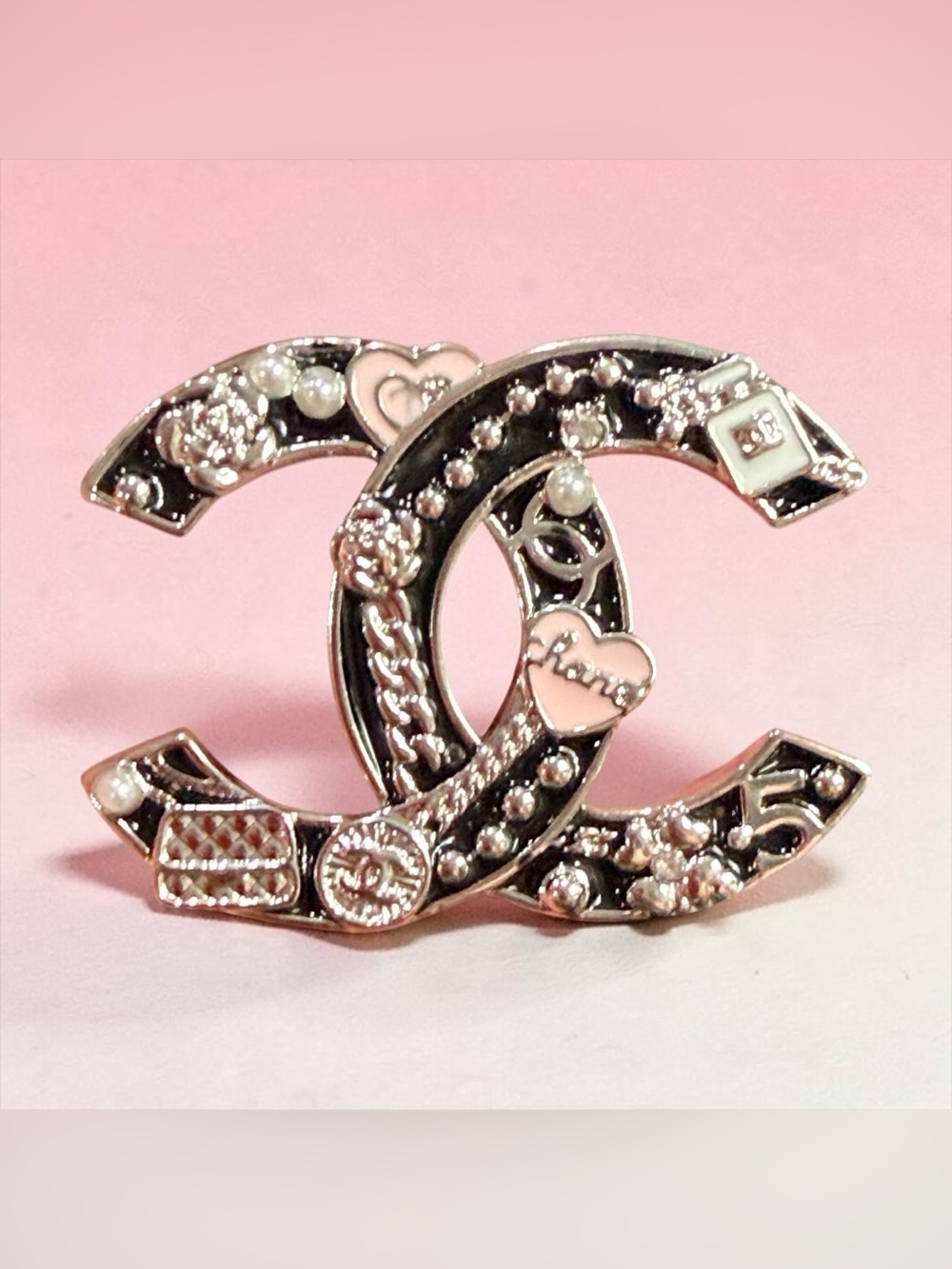 Silver Double C Brooch with Pink Heart Accents | NEW